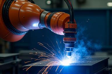 Nahaufnahme eines Roboterschweißers bei der Arbeit an einem Metallbauteil